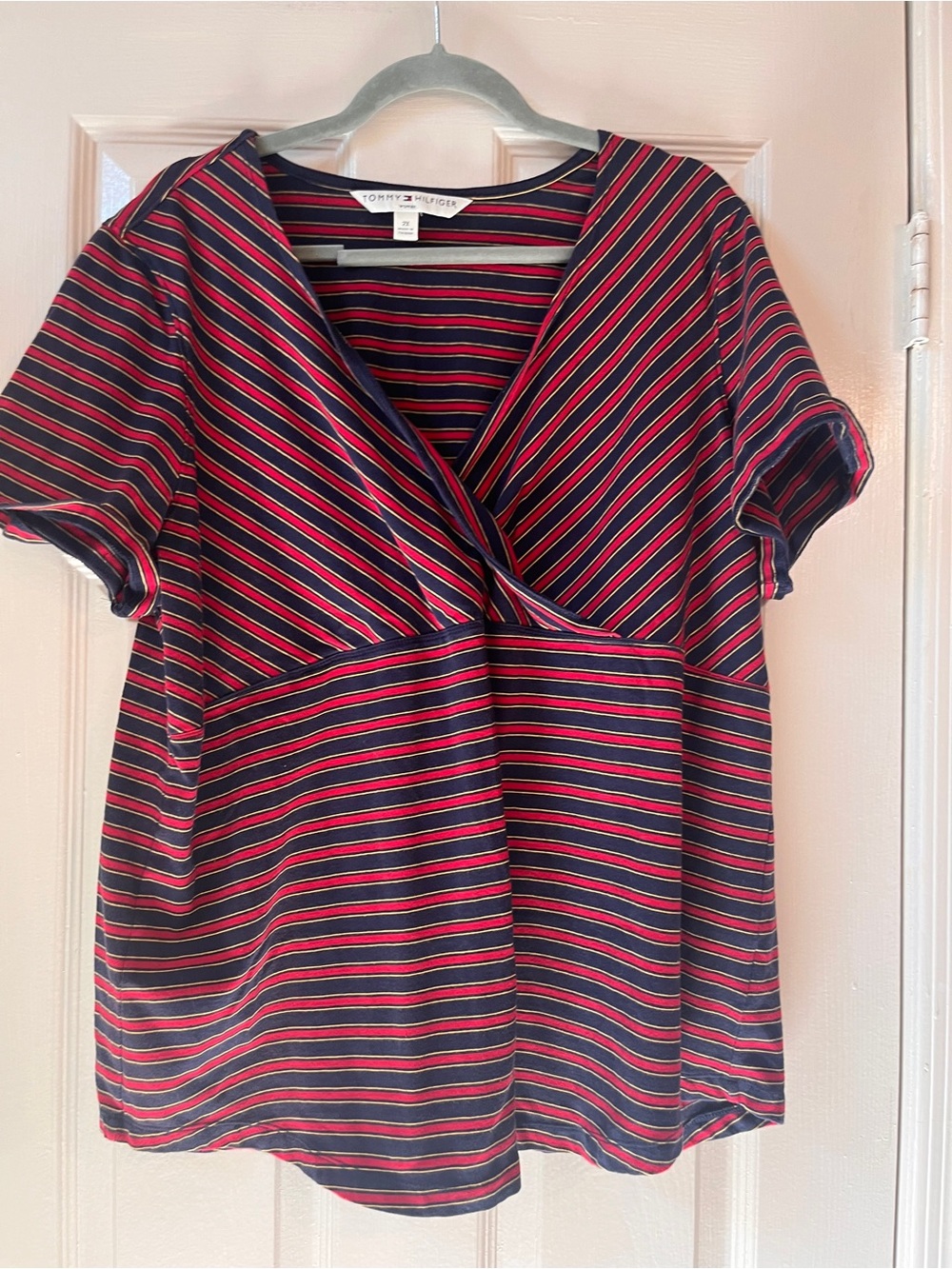 Tommy Hilfiger Navy, Red and Cream Striped V-Neck Short Sleeve Top